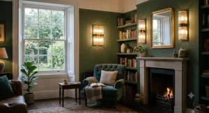Elegant Art Deco inspired ribbed glass wall lights adding sophisticated lighting to a living room layout