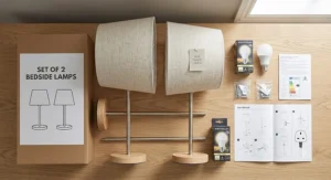 Complete product package showing the set of 2 bedside lamps, fabric shades, and energy-saving LED light bulbs.