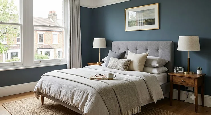 Pair of modern brass bedside lamps with fabric shades on matching wooden bedside tables in a stylish UK bedroom.