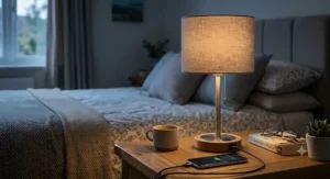 Bedside table lamp charging a mobile phone on a nightstand overnight