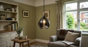 Smoked black glass pendant ceiling light adding ambient illumination to a cosy living room corner.