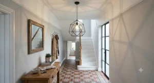 Geometric black metal cage pendant ceiling light casting geometric shadows in a bright hallway.