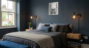Industrial style black metal plug-in wall lights installed beside a double bed