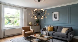 Industrial style black metal sputnik chandelier illuminating a cosy living room with a feature wall.