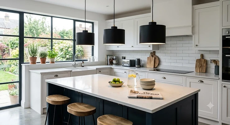 Modern black pendant ceiling light illuminating a contemporary kitchen island breakfast bar.