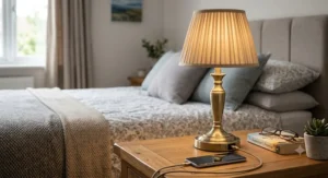Classic brushed brass bedside lamp featuring a discreet USB charging port on an oak bedside cabinet