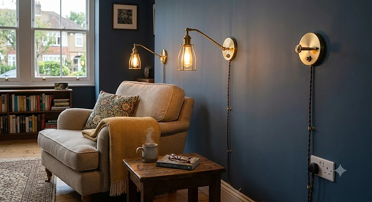Modern brass plug-in wall lights illuminating a cosy UK living room armchair