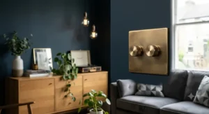 A stylish brushed brass 2-gang dimmer switch for LED lights mounted on a dark feature wall.