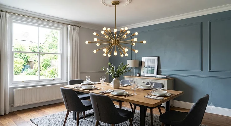 Modern brushed brass sputnik chandelier hanging above a contemporary dining table in a British home.