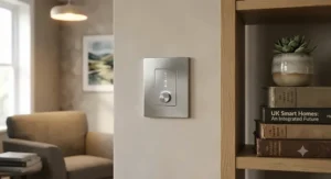 A premium brushed chrome screwless smart dimmer switch plate fitted on a neutral coloured wall.