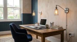 Adjustable chrome plug-in wall lights providing task lighting above a home office desk
