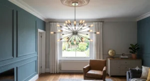 Polished chrome sputnik chandelier creating a striking focal point in a high-ceilinged Victorian hallway.