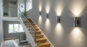 Polished chrome up and down wall lights indoor lighting up a modern staircase and landing area.