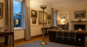 An elegant antique brass floor uplighter illuminating a traditional English living room with high ceilings and picture rails.