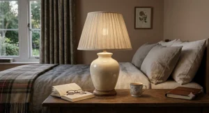 Classic cream ceramic bedside table lamp featuring a pleated linen lampshade
