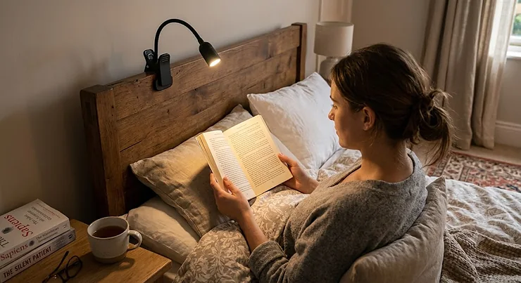 Clip-on reading light for bed headboard with adjustable brightness levels