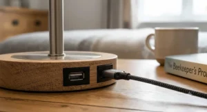 Close-up illustration of dual USB charging ports built into the base of a contemporary bedside table lamp
