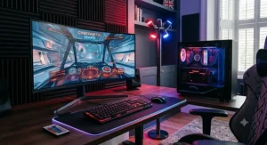 A high-tech colour changing uplighter syncing with a PC gaming setup to emit vibrant red and blue light.