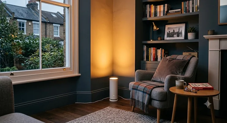 A sleek colour changing uplighter casting a warm amber glow in a modern British living room corner.