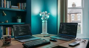 Compact USB-powered colour changing uplighter used as a desk backlight with cool white and teal tones.