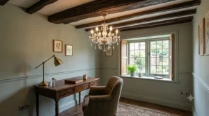 Compact five arm acrylic crystal small chandelier for low ceiling beams in a Victorian terraced house.