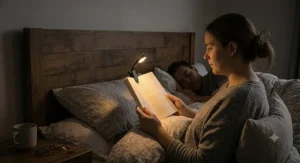 Compact clip-on book light for reading in bed without disturbing your partner