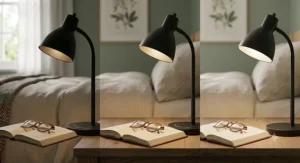 Dimmable LED bedside lamp under £20 featuring three adjustable brightness levels for night-time reading