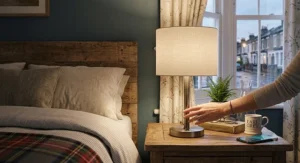 Dimmable touch bedside table lamp emitting a soft ambient light in a cozy British bedroom