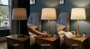 Dimmable touch control bedside lamp set of 2 demonstrating three adjustable brightness levels for evening reading.