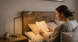 Dimmable touch-control reading light for bed placed on a wooden bedside table