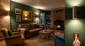 Dimmable up and down wall lights indoor providing soft atmospheric lighting in a cozy British snug or cinema room.