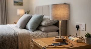 Energy-efficient LED bedside lamp with built-in USB port and UK three-pin mains plug connection