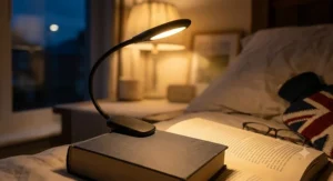 Close-up of a rechargeable book light emitting a soft amber glow to reduce eye strain while reading in bed.