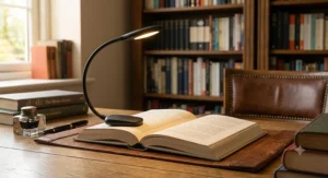 A flexible gooseneck rechargeable clip-on book light attached to a hardback book in a home study.