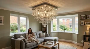 Flush mount crystal chandelier for living room with low ceilings in a modern UK semi-detached home