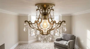A flush mount crystal chandelier designed for homes with low ceilings.