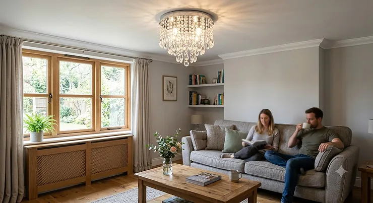 A flush mount crystal small chandelier for low ceiling installations in a modern British living room with neutral decor.