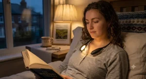 A lightweight rechargeable neck book light worn around the neck for hands-free reading before sleep.