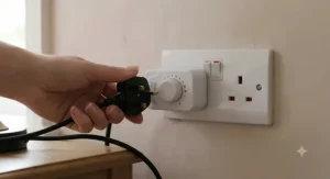 Illustration showing how to insert a lamp plug into a plug-in dimmer switch.