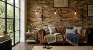 Industrial style matt black metal wall lights installed on a feature brick wall in a cosy lounge