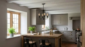 Industrial style matte black small chandelier for low ceiling breakfast bar illumination in a British townhouse.