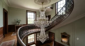 A spectacular large drop crystal chandelier cascading down a spiral staircase.