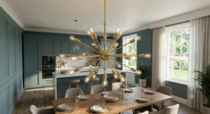 Statement large multi-arm sputnik chandelier pendant light hanging in an open-plan kitchen diner.