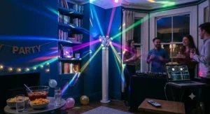 An LED colour changing uplighter projecting dynamic multi-coloured beams for a home party setup.