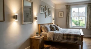 Energy efficient LED up and down wall lights indoor creating a cozy ambiance in a British bedroom.