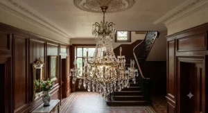 A luxury brass and crystal chandelier suspended in a grand Victorian hallway.