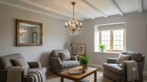 Luxury glass droplet small chandelier for low ceiling heights, casting ambient light across a cosy sitting room.