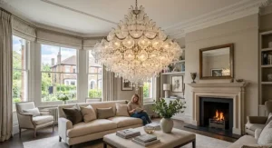 Luxury statement glass pendant chandelier creating a focal point in an elegant, neutral toned British sitting room
