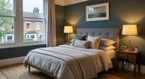 Matching set of 2 bedside lamps casting warm ambient light on either side of a double bed in a cosy master bedroom.