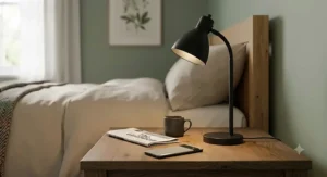 Minimalist black metal bedside lamp under £20 with an adjustable neck in a modern British bedroom
